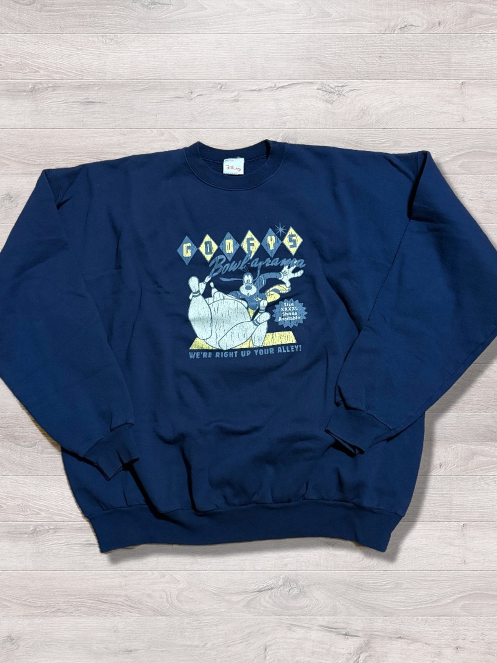 Vintage 90s Disney Goofy Bowl-o-Rama Pullover Crewneck Sweatshirt XL Navy Blue